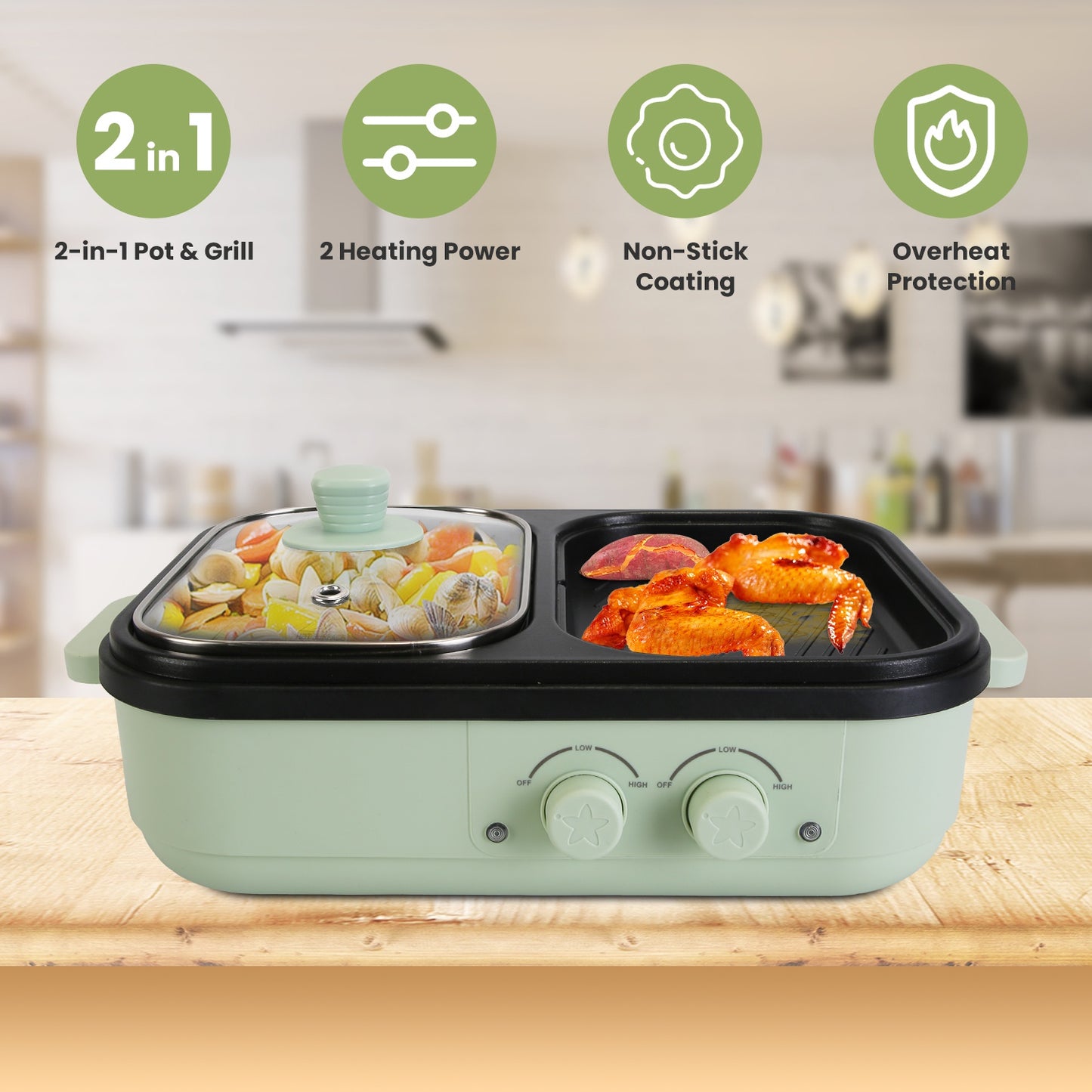 Electric Hot Pot with Grill 2-in-1 Combo for 1-2 People