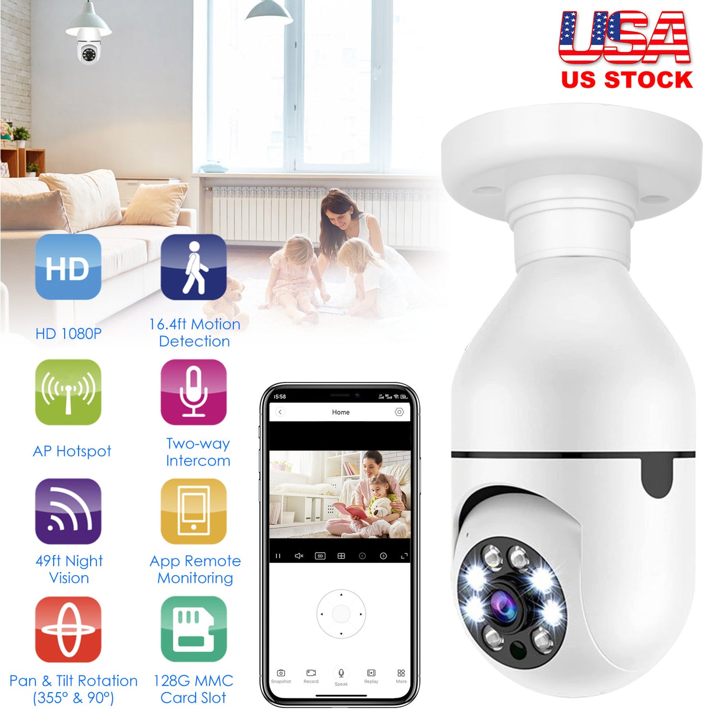 E27 WiFi Bulb Security Camera 1080P with Night Vision