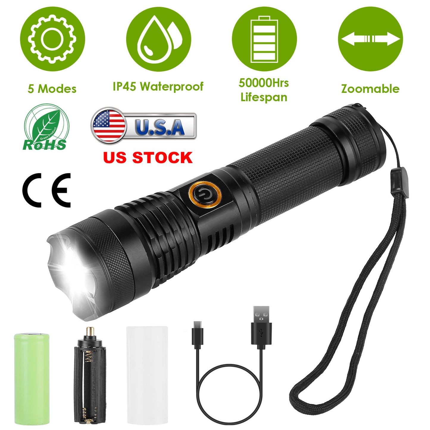 Rechargeable LED Tactical Flashlight 50000LM Zoomable 5 Modes