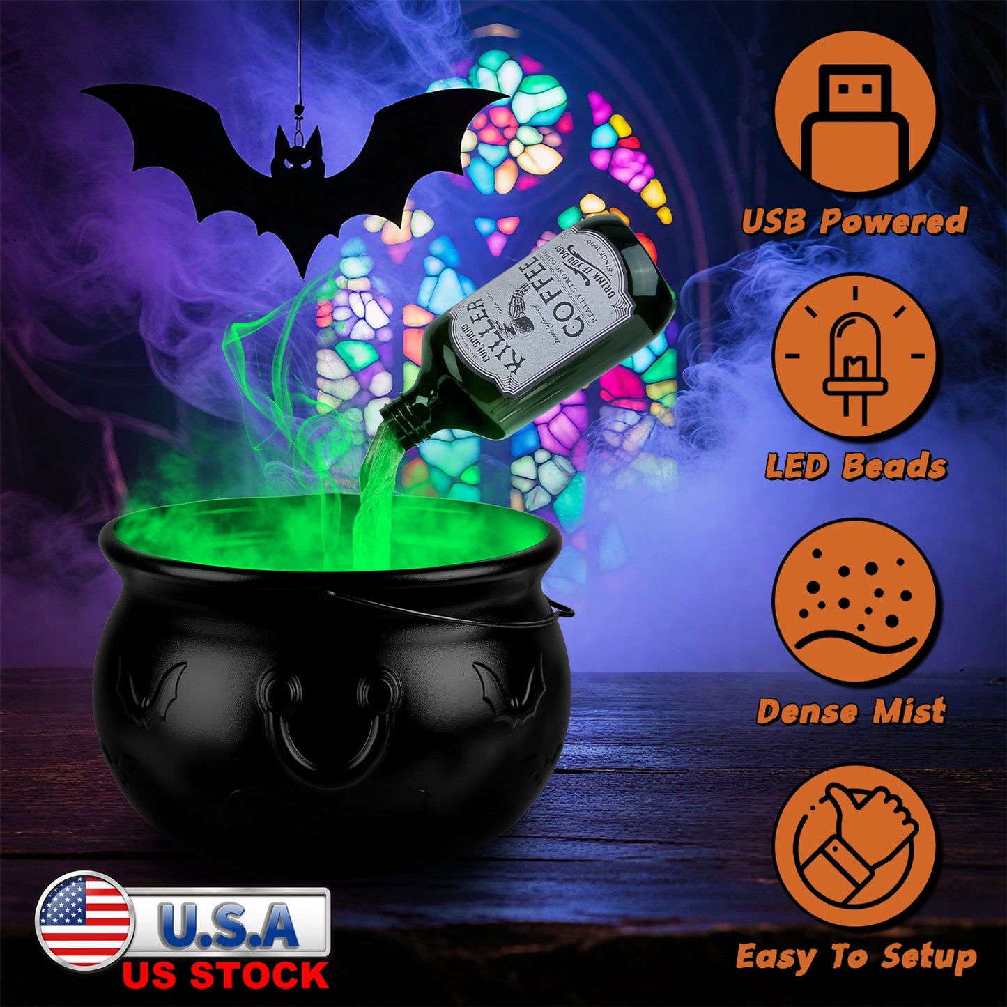 Floating Bottle Witch Cauldron with Mist Maker & Green Light