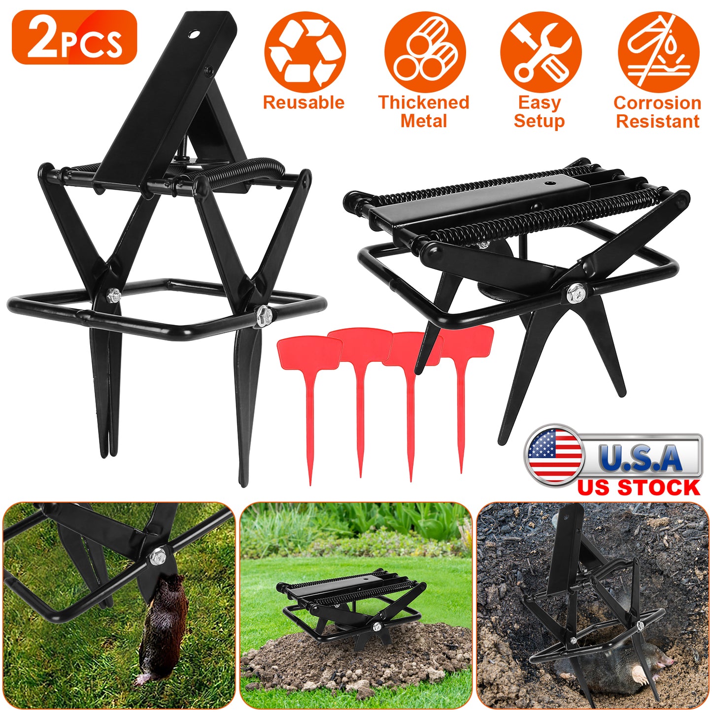 Mole Scissor Trap Set - 2 Pack Reusable Metal Outdoor Traps
