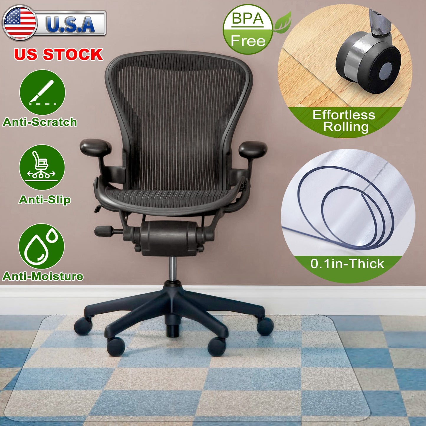 Chair Mat 36" x 48" PVC Floor Protector for Hard Floors