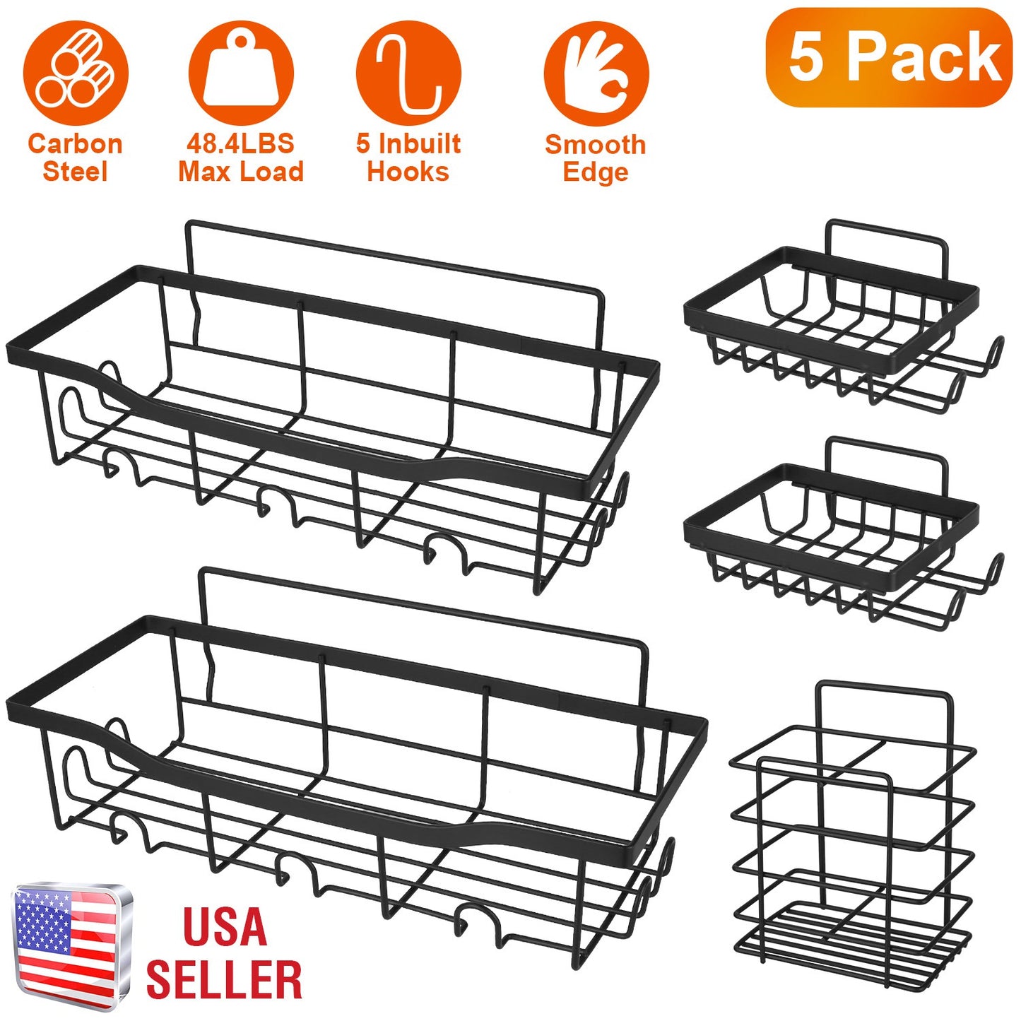Shower Caddy 5-Piece Set with 18 Hooks - Adhesive Wall Mount