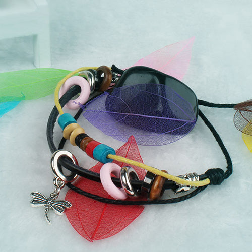 Fashion Dragonfly Pendant Leather Wristband
