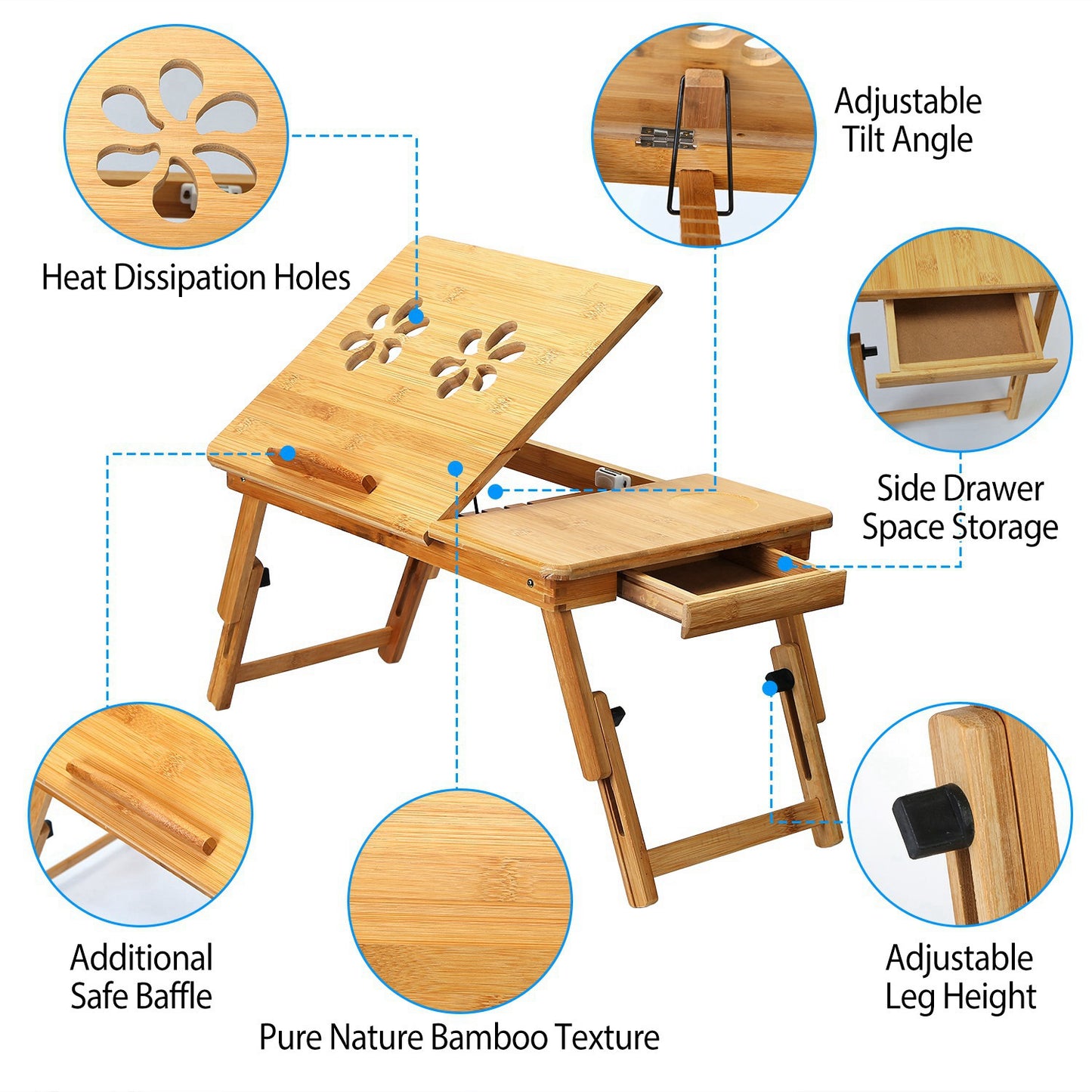 Bamboo Laptop Desk with Adjustable Legs and Storage Drawer