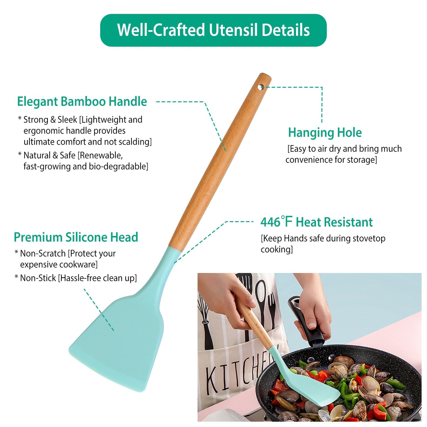 Silicone Cooking Utensil Set, 11-Piece with Wooden Handles