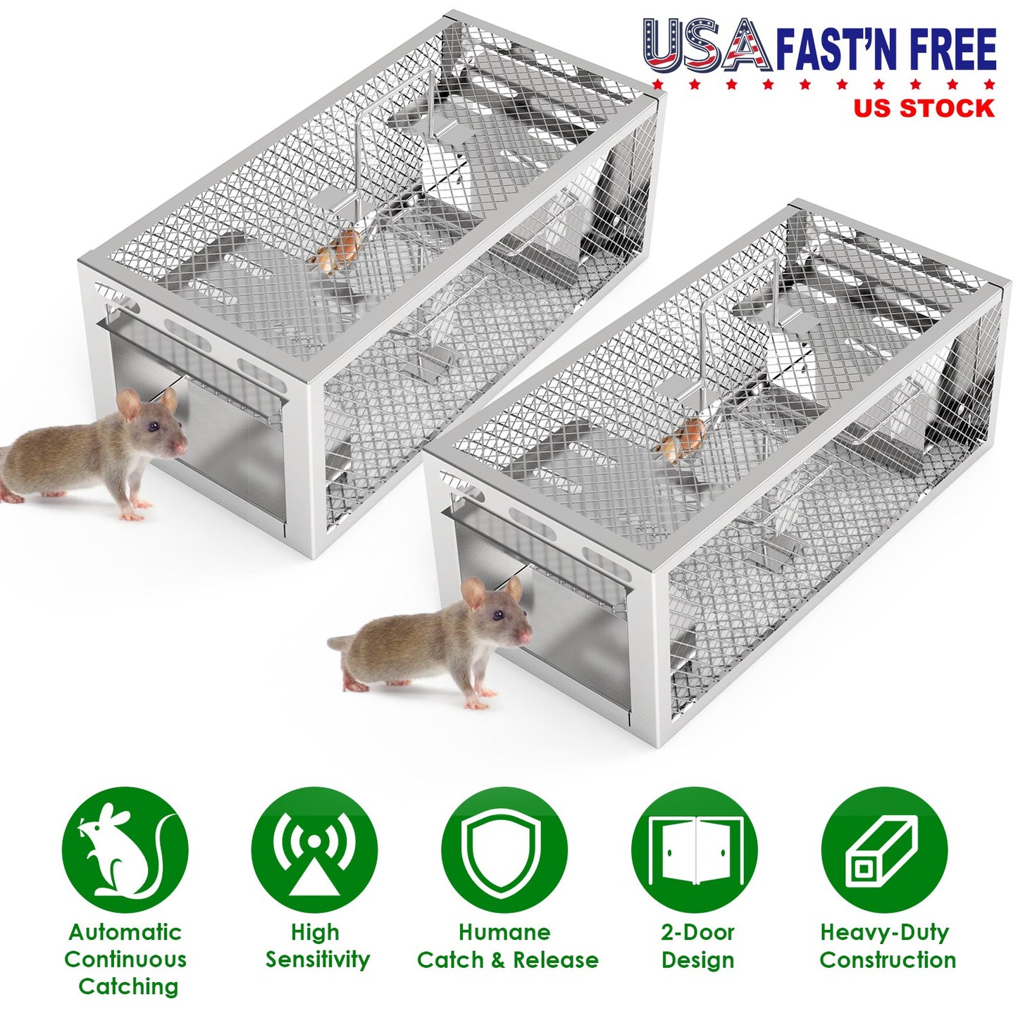 2-Pack Humane Rat Trap with Dual-Door Continuous Catch