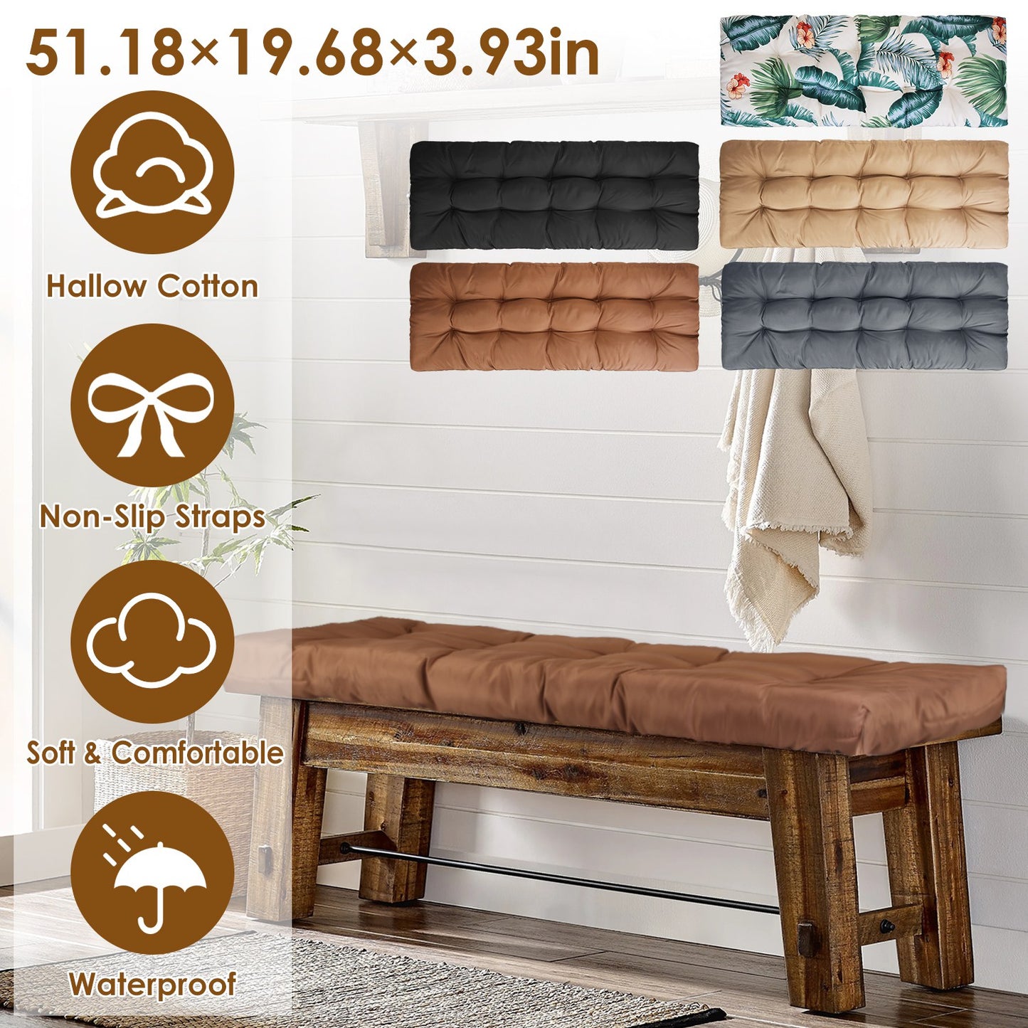 Bench Seat Cushion 51x20 Inch with Ties for Indoor Outdoor Use