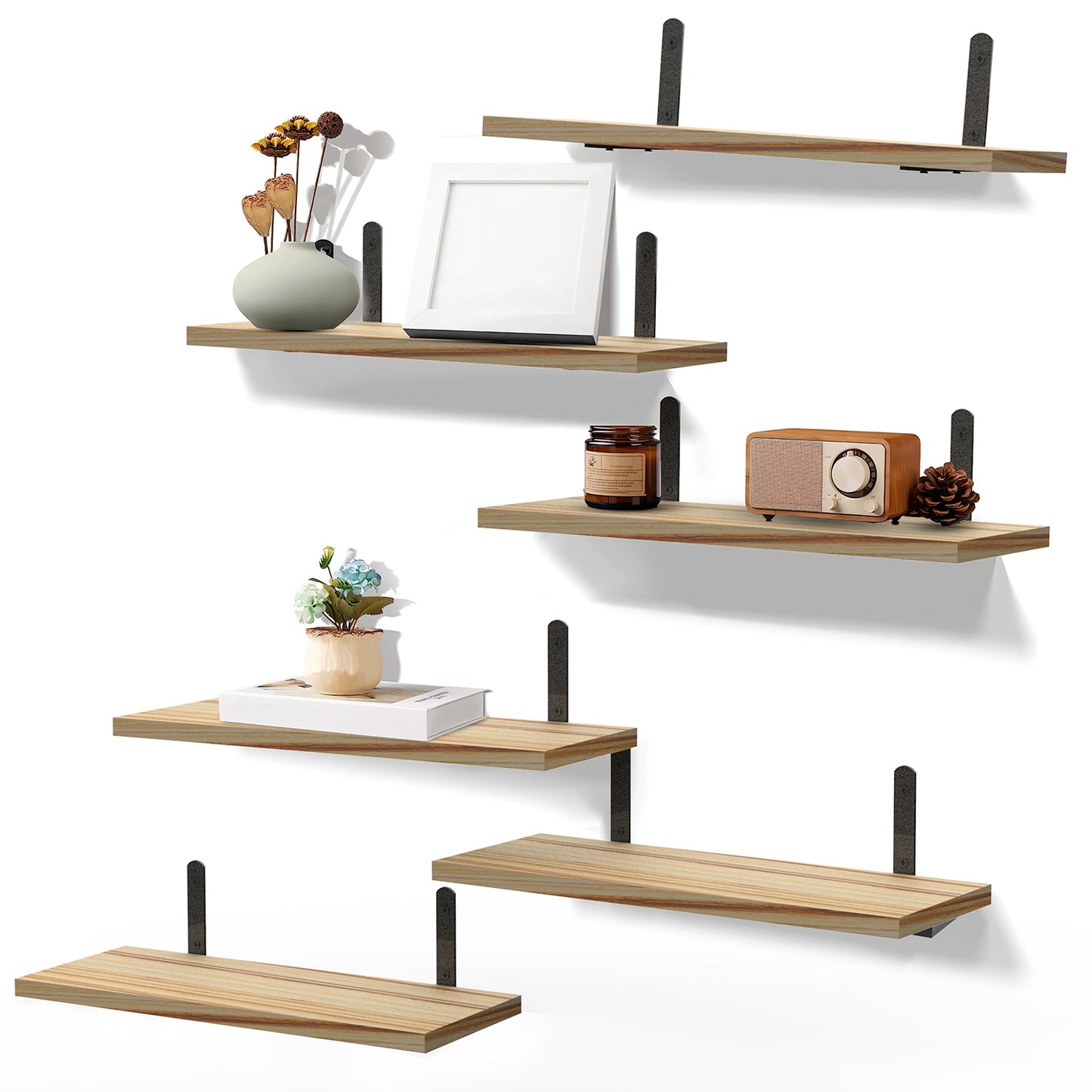 Floating Wall Shelves Set of 6 - Wood & Metal Storage Organizer