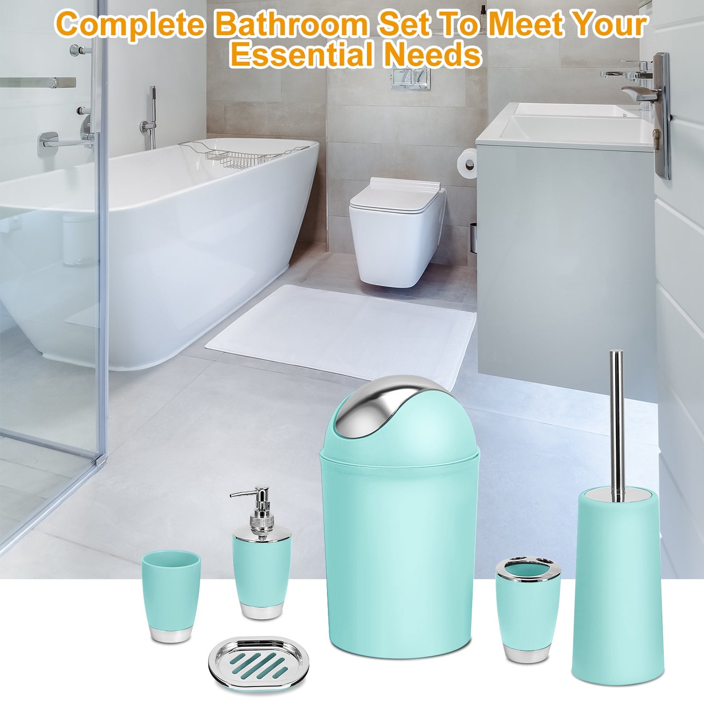6-Piece Bathroom Accessories Set with Soap Dispenser & Brush