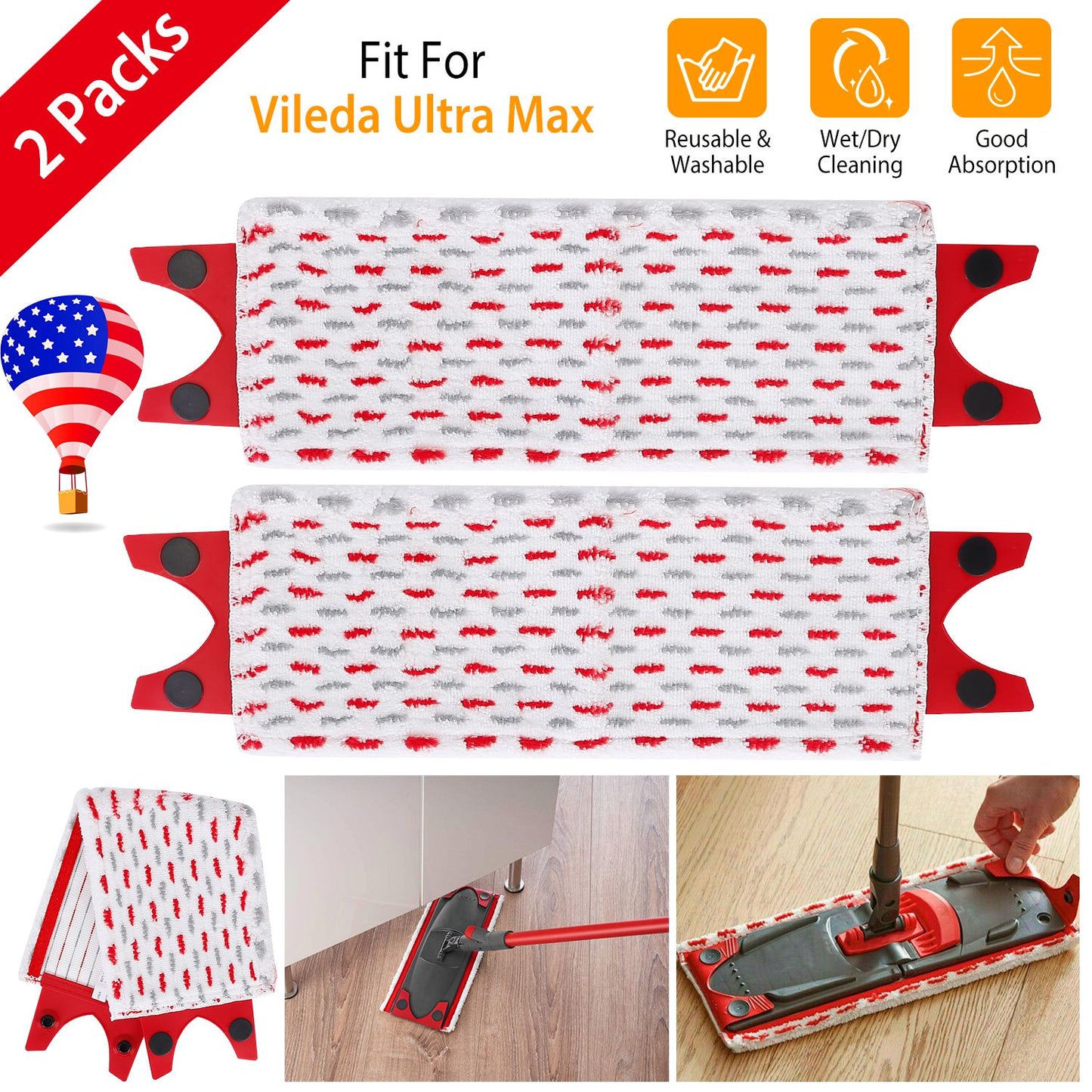 Fiber Mop Pads for Vileda Ultra Max – 2 Pack Washable