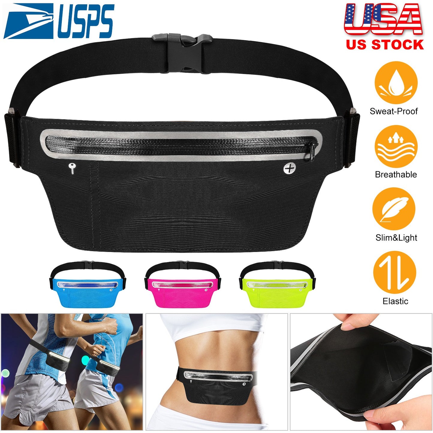 Running Belt Bag Adjustable Waist Pack with Reflective Strip