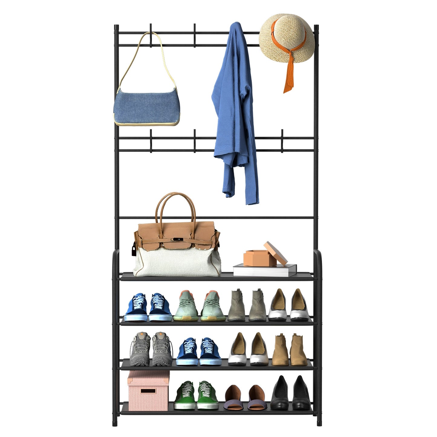 Entryway Coat Rack with 4-Tier Shoe Storage Shelf