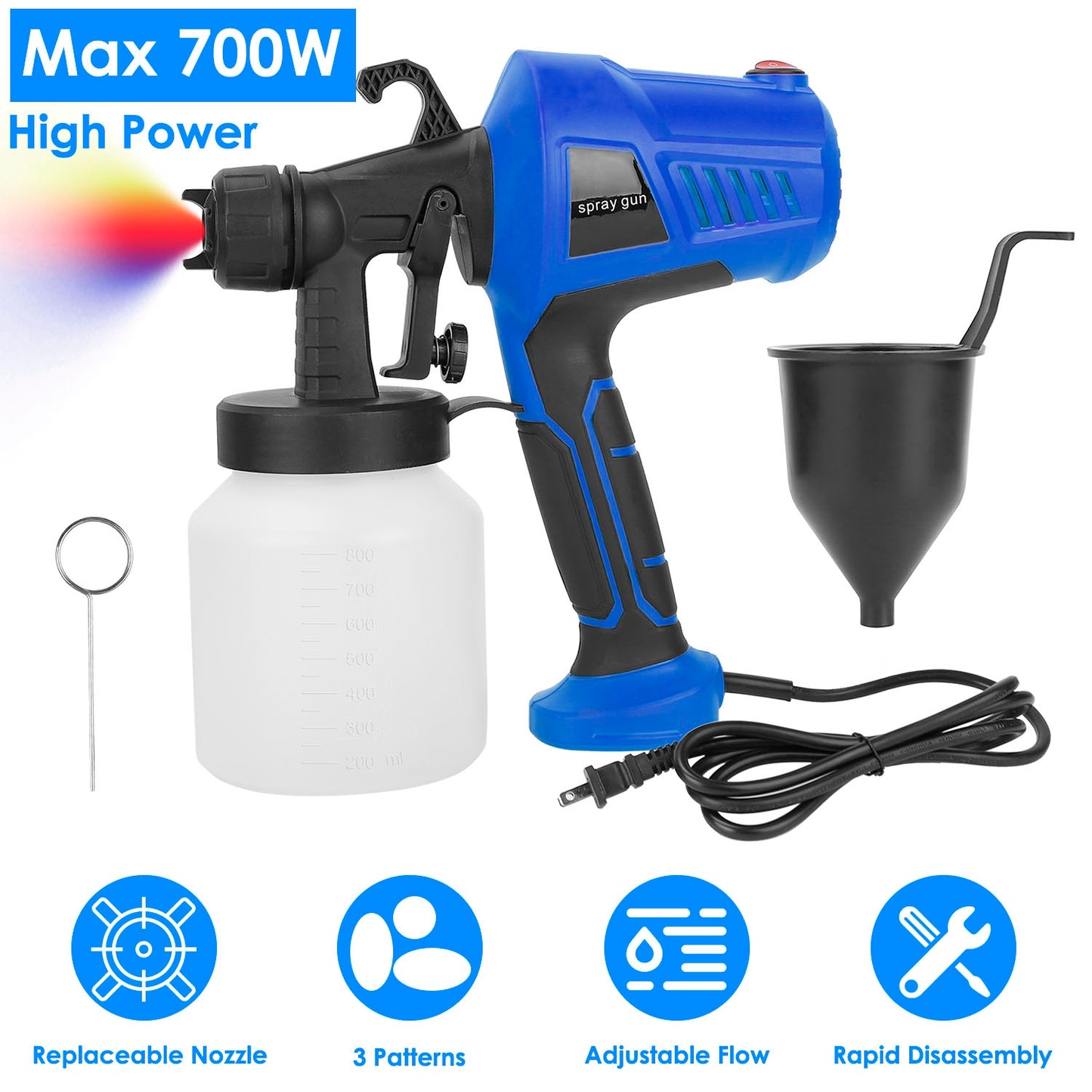 Electric Paint Sprayer 700W HVLP Spray Gun with 800ml Cup