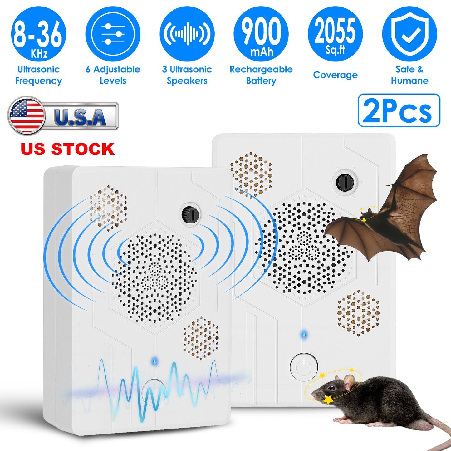 Ultrasonic Pest Repeller 2-Pack Rechargeable Bat Bird Mouse