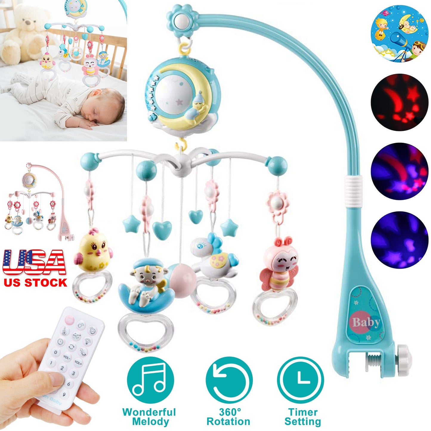 Musical Crib Mobile with Star Projector & Remote Control