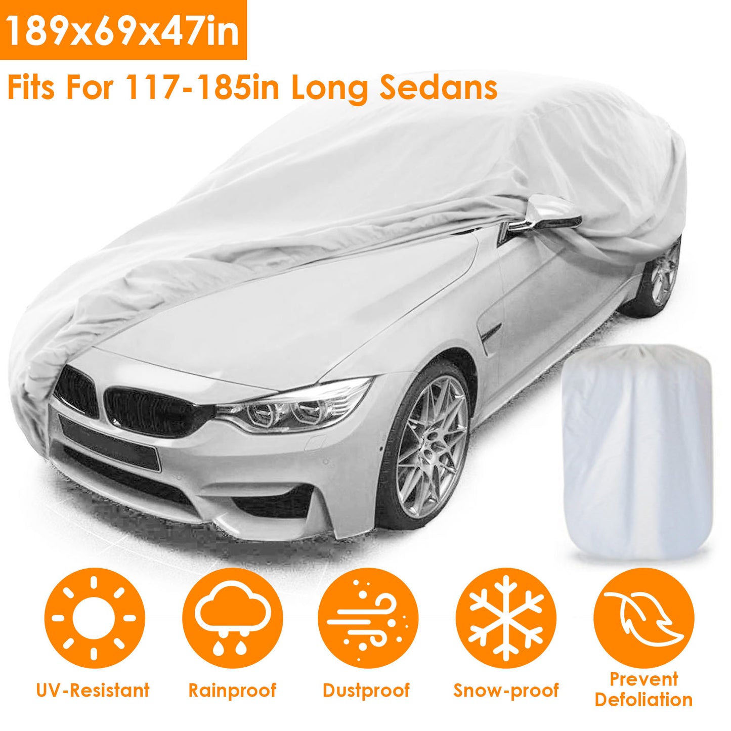 Full Car Cover 189x69x47in All Weather UV Protection for Sedans