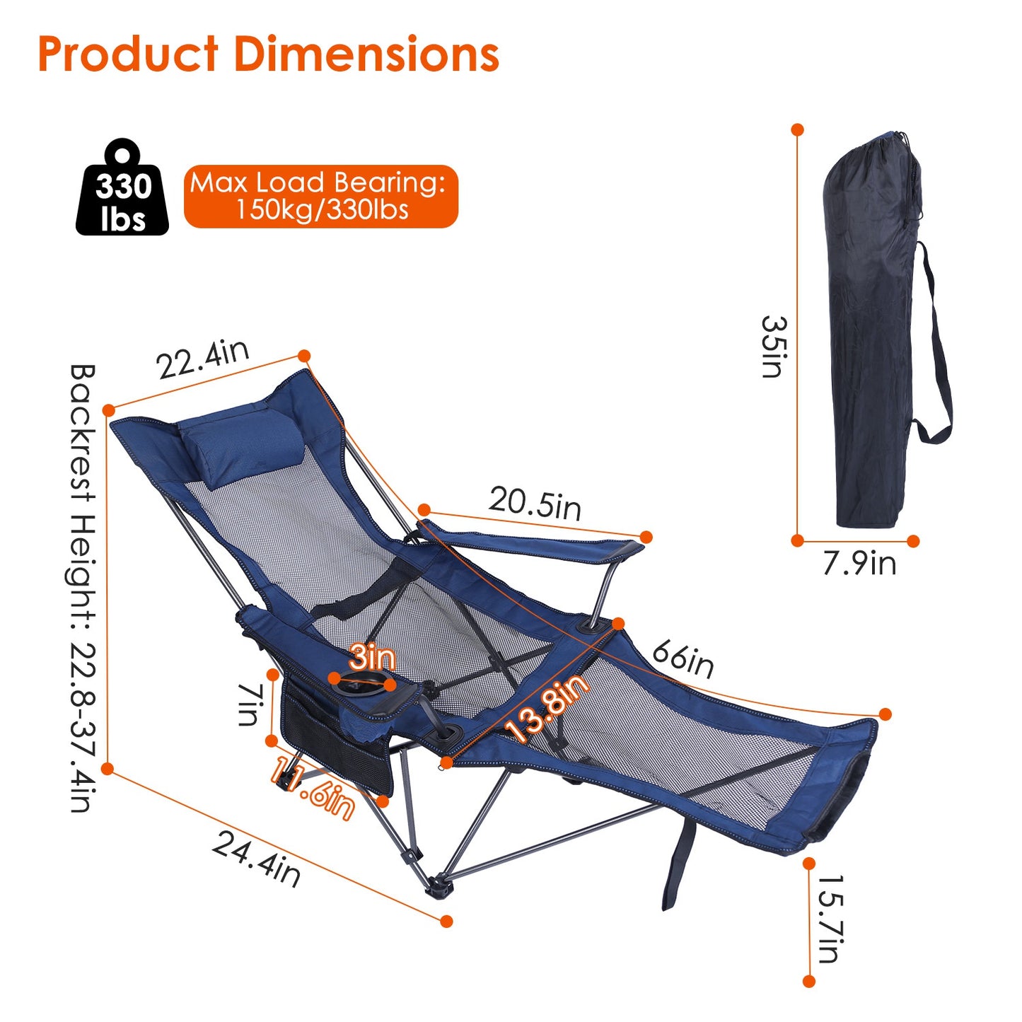 Foldable Camping Chair with Reclining Backrest - 330 LBS Capacity