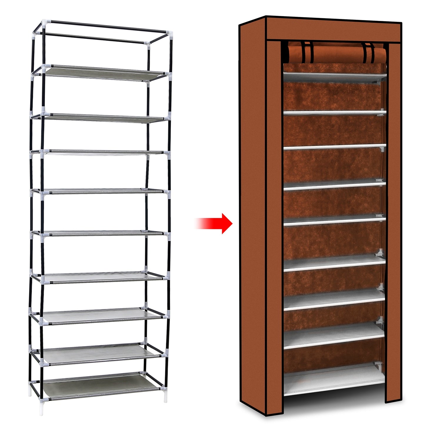 10-Tier Shoe Rack with Dustproof Cover - Holds 27 Pairs