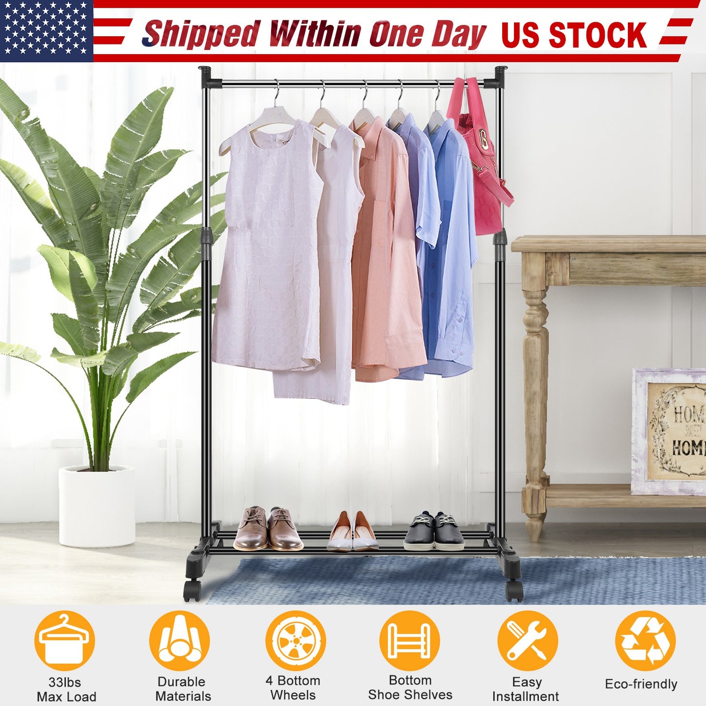 Adjustable Garment Rack with Wheels and Storage Shelf