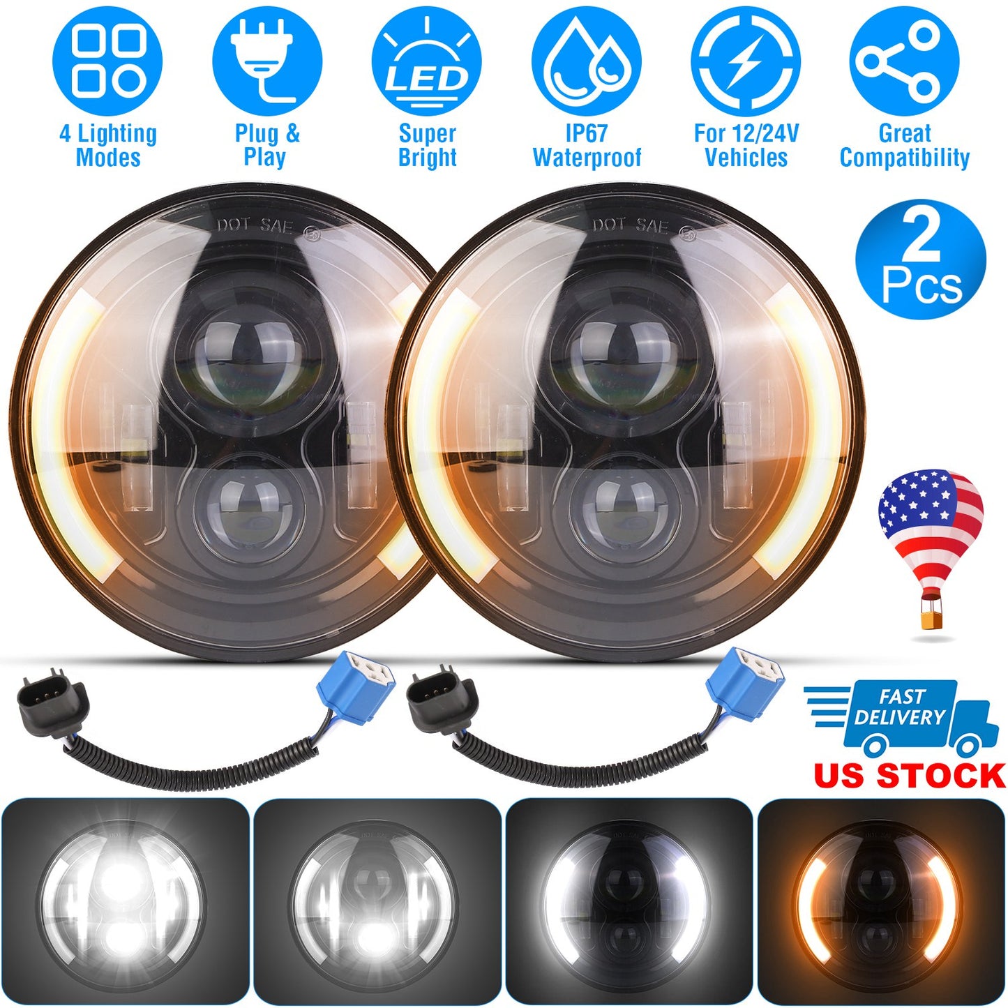 7 Inch Round LED Headlight with Halo DRL & Turn Signal