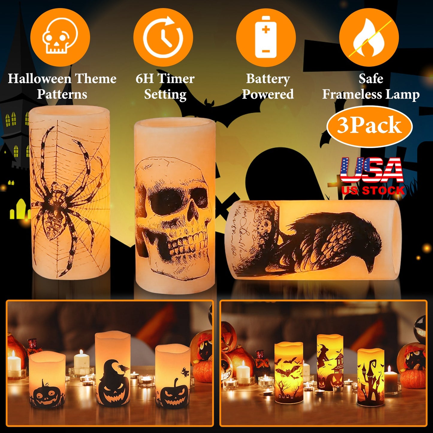 Flameless Halloween Candles with Timer - 3 Pack LED Battery Operated