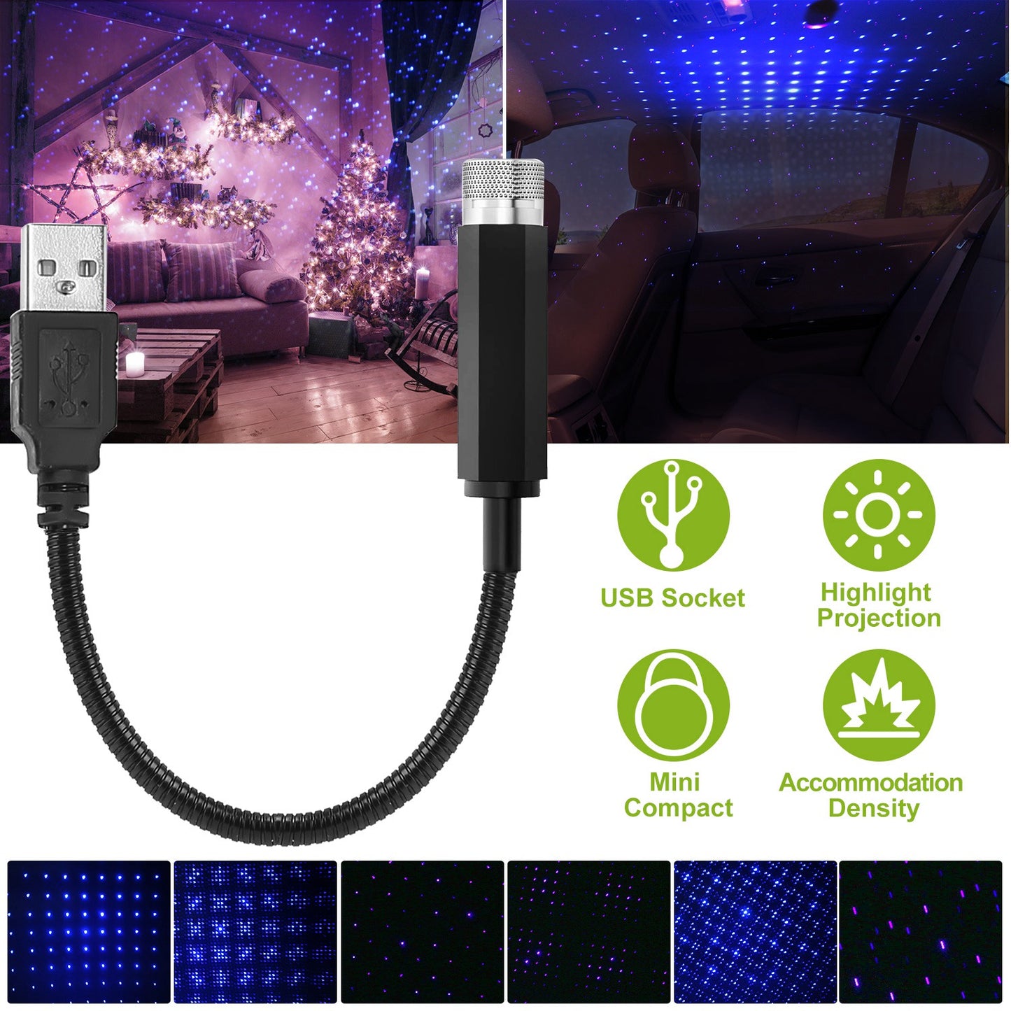 USB Star Projector Night Light for Car Interior Ceiling