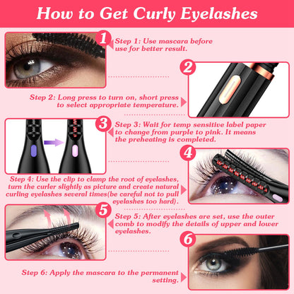 2 In 1 Clip Comb Heated Eyelash Curler Electric Mini Lash Curler Natural Eye Lash Makeup Tool with 3 Temp Settings 15Mins Shutdown