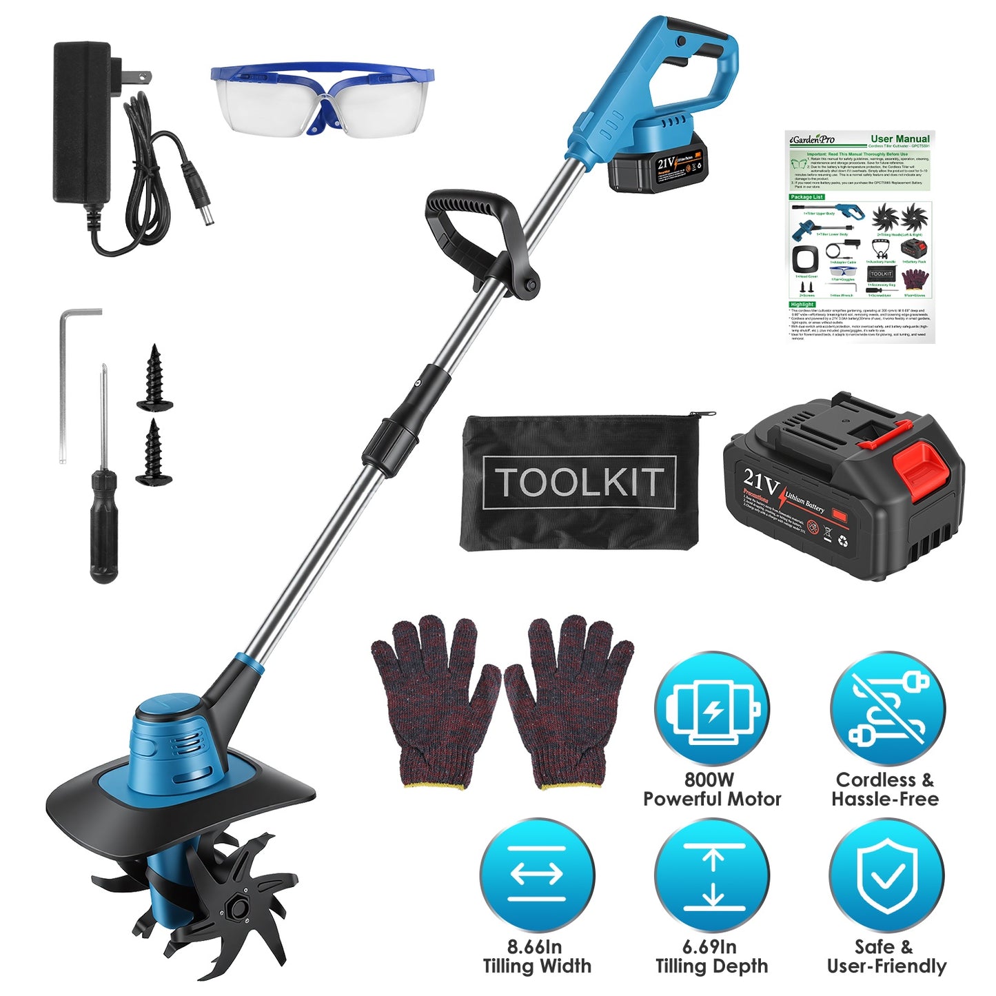 Cordless Tiller Cultivator 800W 21V Battery Powered Garden Tool