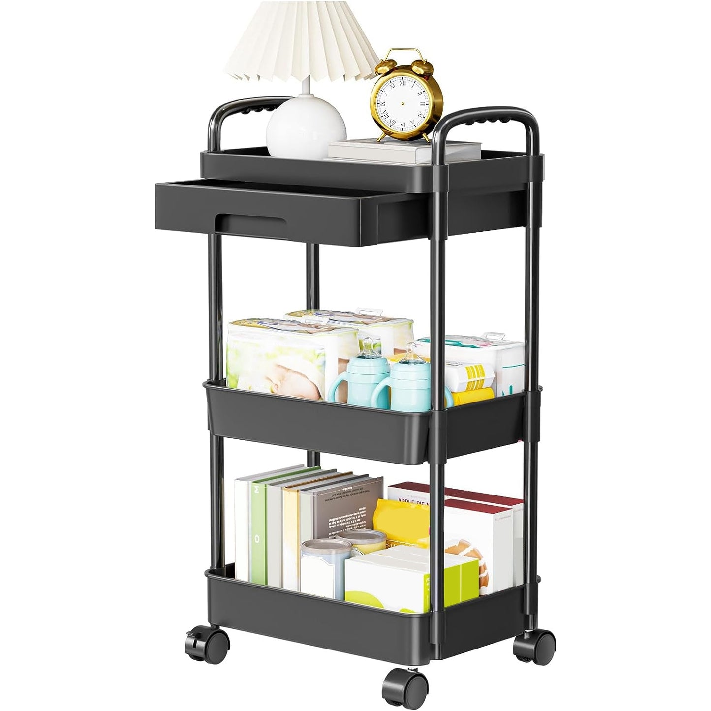 3-Tier Rolling Utility Cart with Drawer and Lockable Wheels