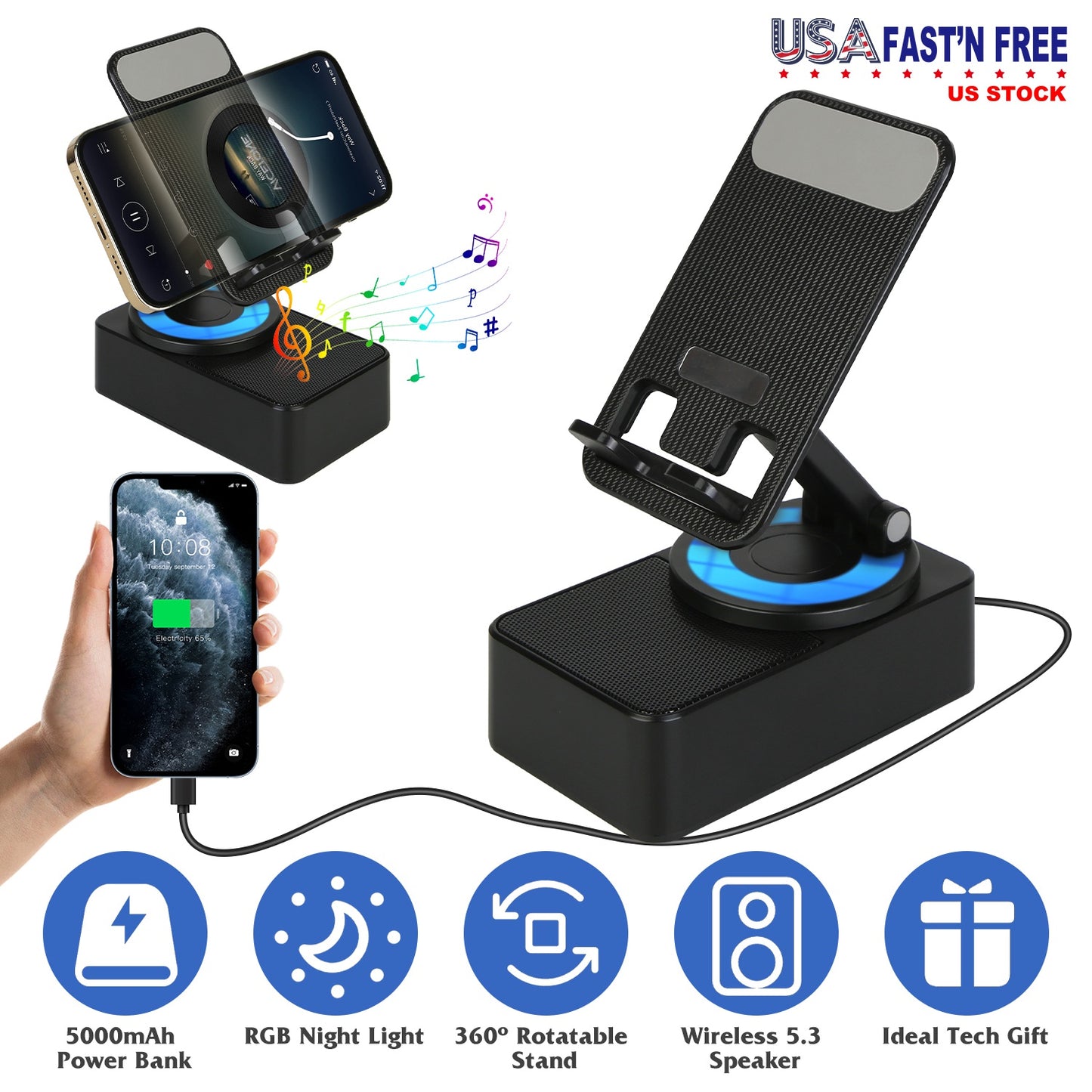 4-in-1 Wireless Speaker Phone Stand with 5000mAh Power Bank