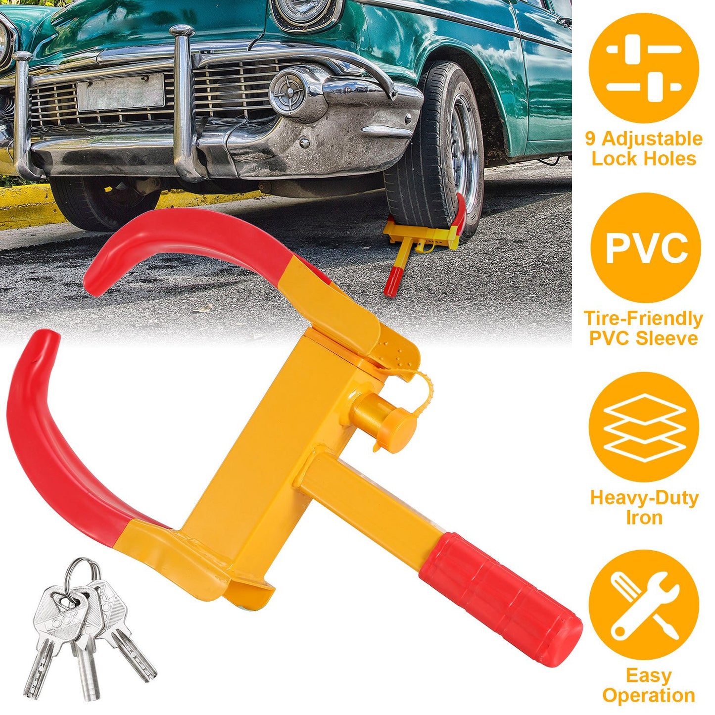 Heavy Duty Wheel Clamp Lock with 3 Keys - Adjustable Tire Lock