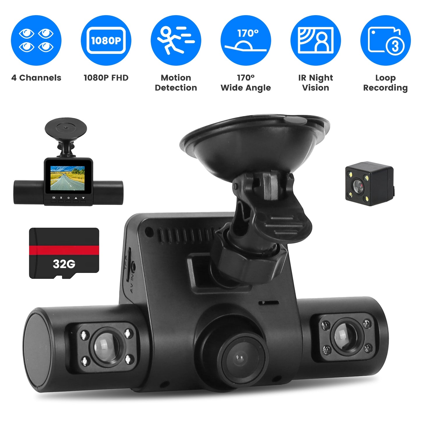 4 Channel Dash Cam with 360° Coverage and Night Vision