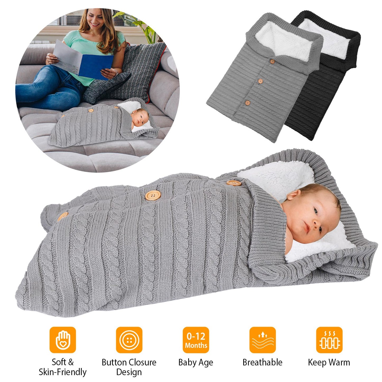 Baby Knit Swaddle Blanket with Button Closure 0-12 Months