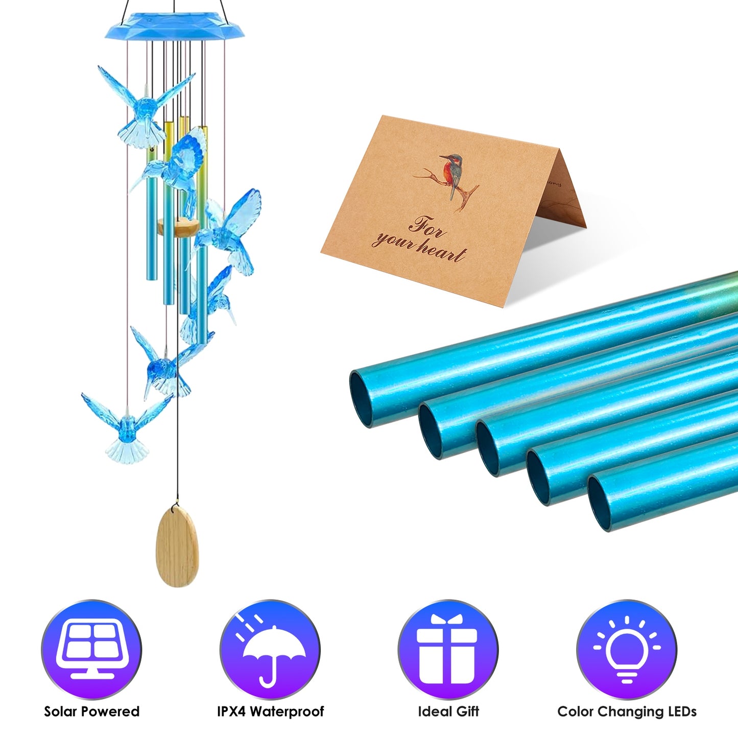 Solar Wind Chime with Color-Changing LED Lights & Aluminum Tubes