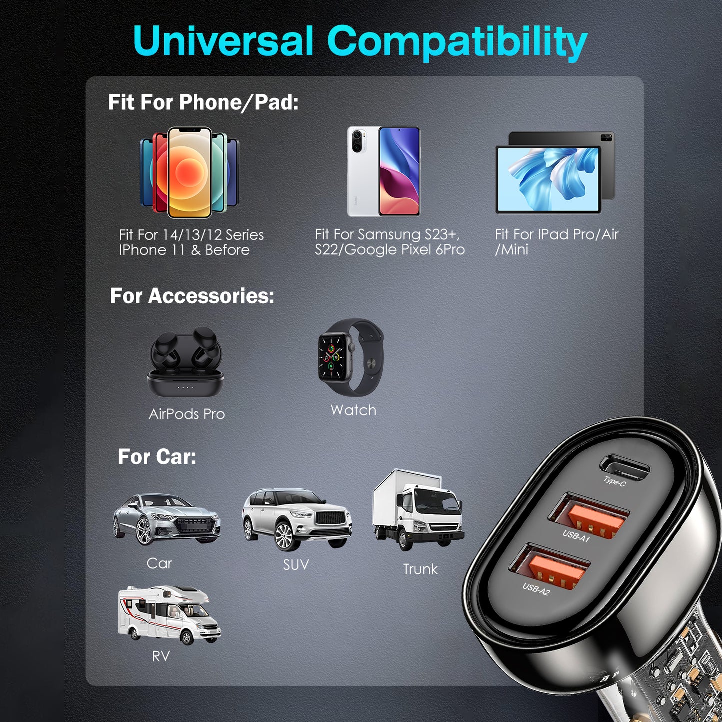 90W Fast Car Charger with 3 Ports and Ambient Light