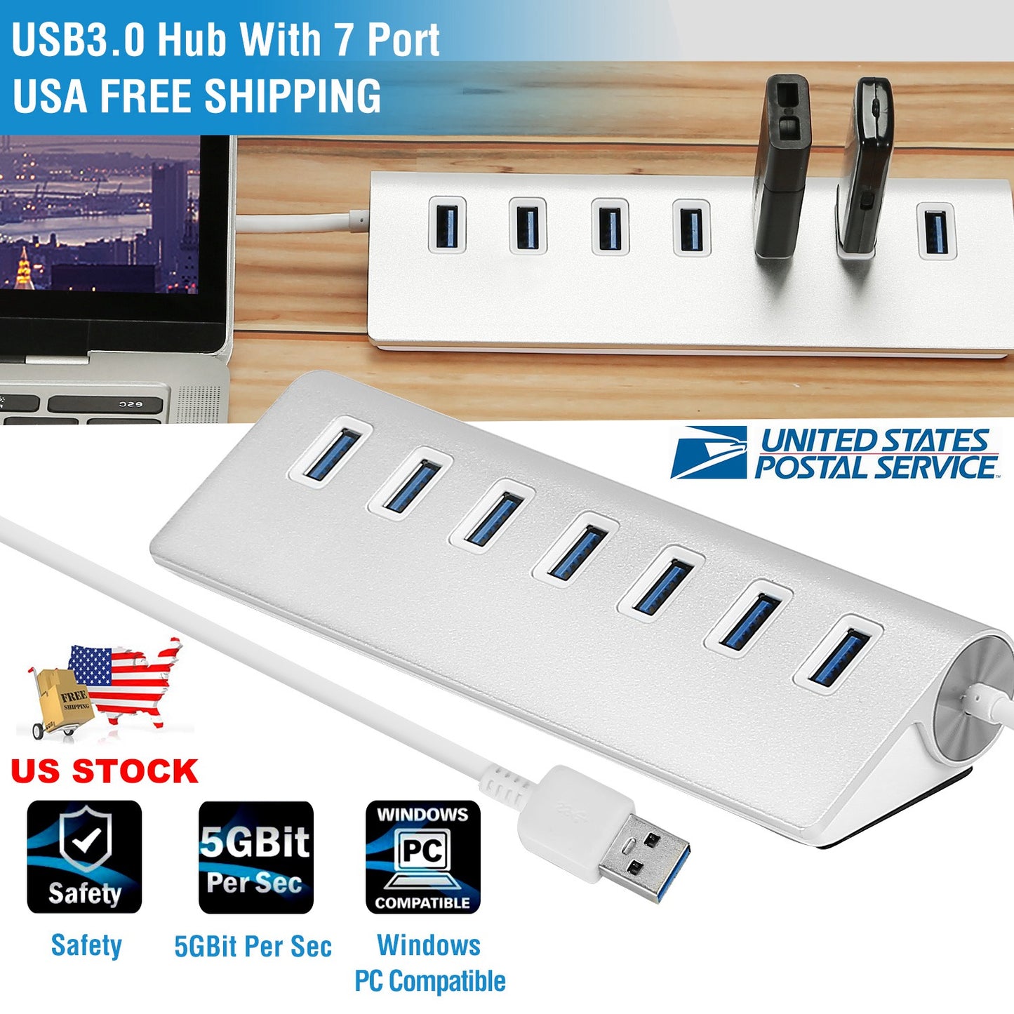 7-Port USB 3.0 Hub with Aluminum Body and 1ft Cable
