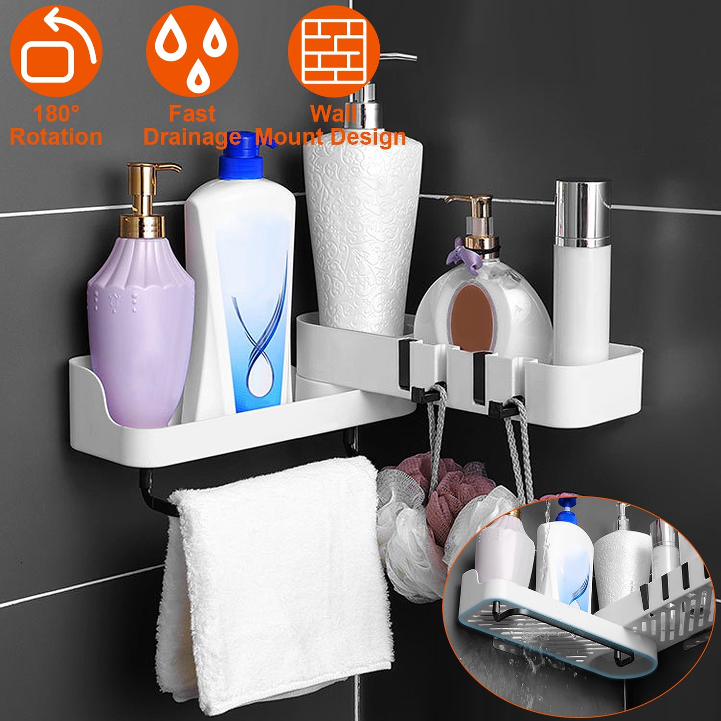 Rotatable Bathroom Corner Caddy Shelf with Towel Bar
