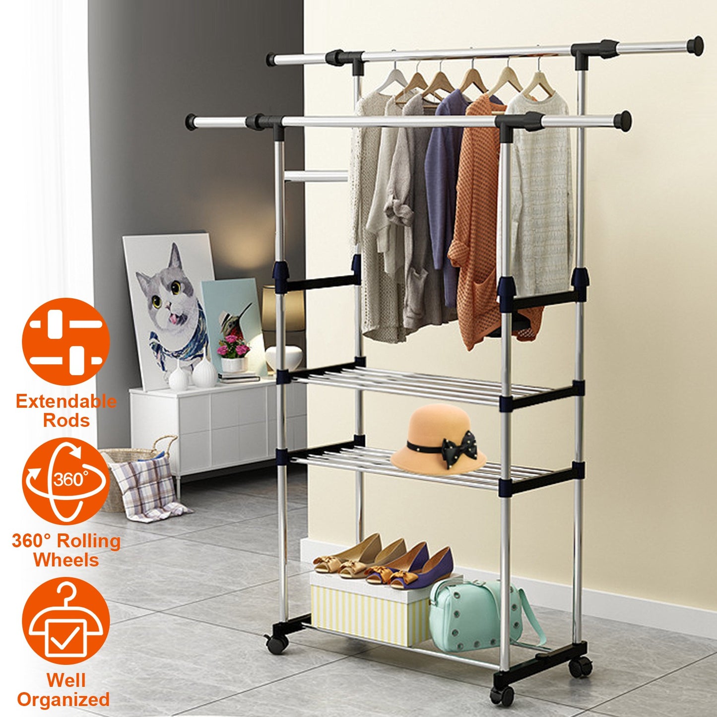 Extendable Garment Rack with Wheels - Adjustable Clothing Rail
