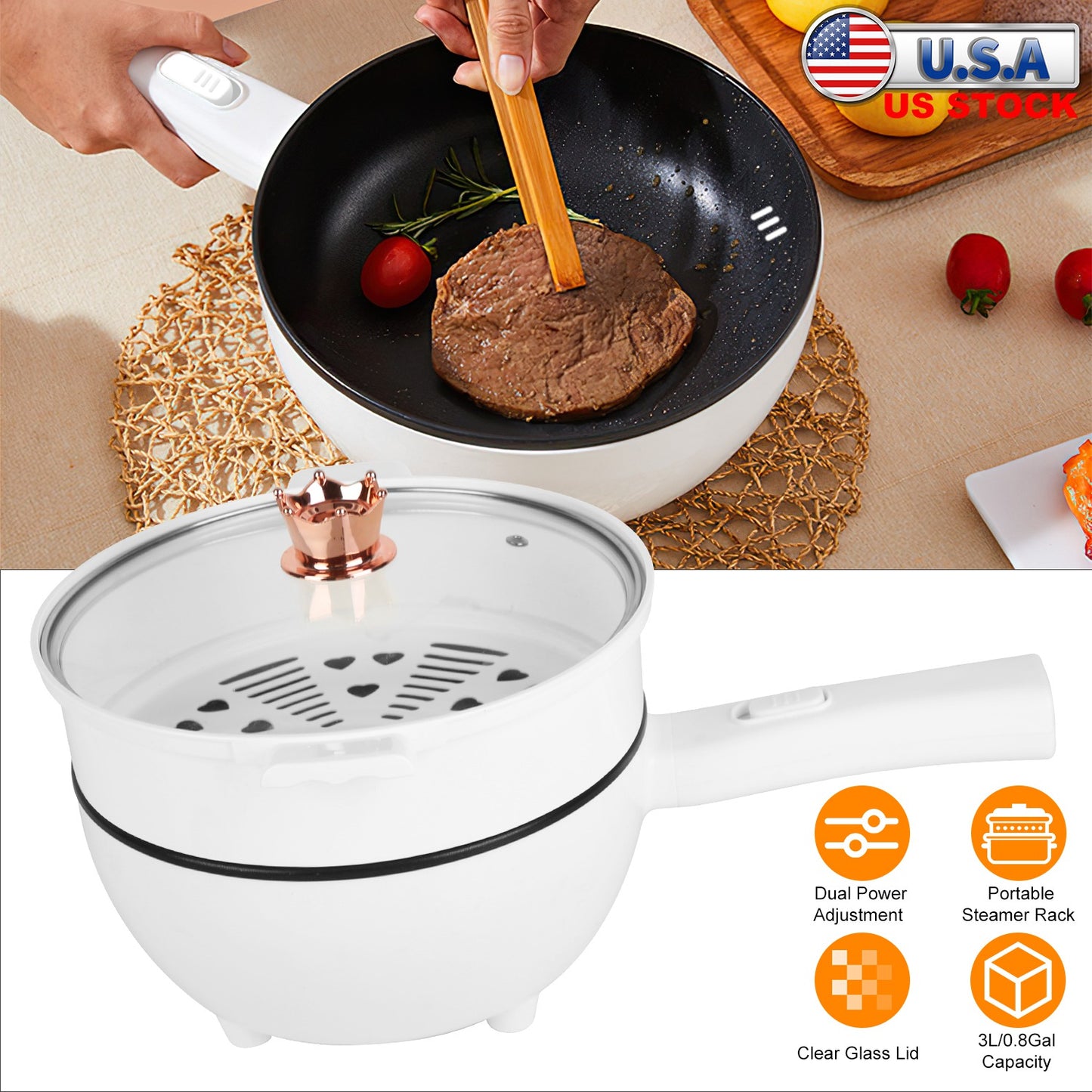 Electric Hot Pot with Steamer Rack - 3L Non-Stick Cooker