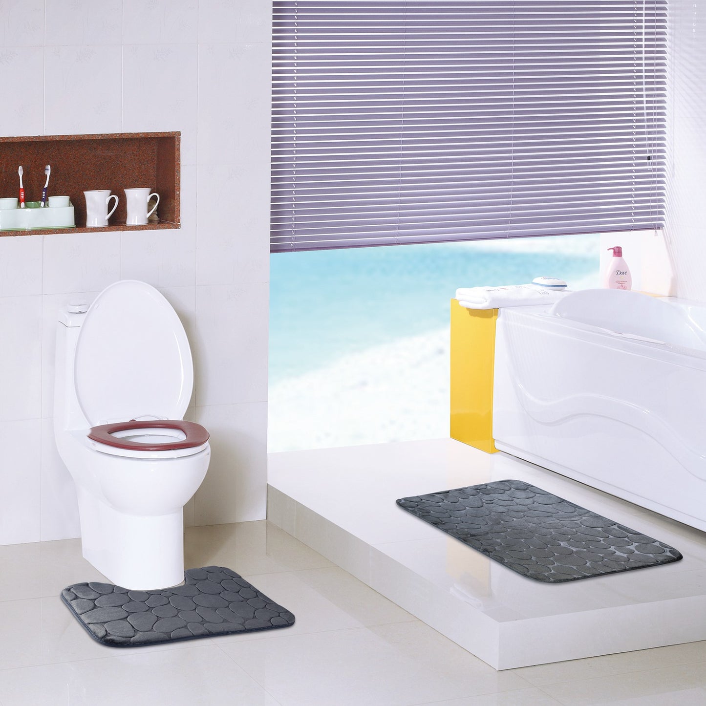 Bathroom Rug Set 2-Piece Non-Slip Flannel Pebble Pattern