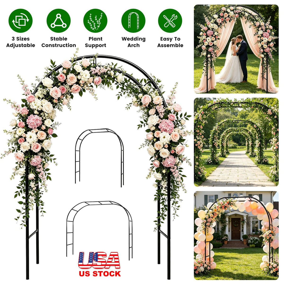 Adjustable Metal Garden Arch for Climbing Plants - 7.87ft