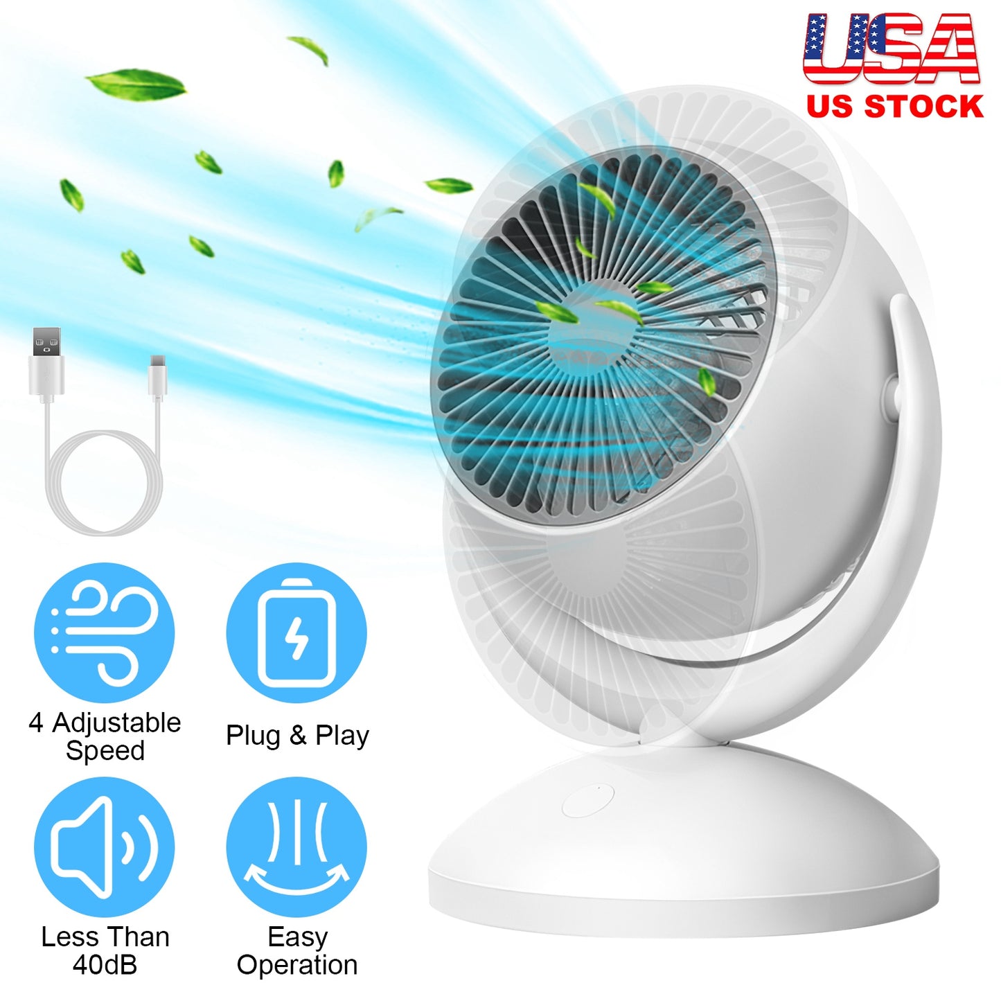 Rechargeable Desk Fan with 4 Speeds and Auto Oscillation