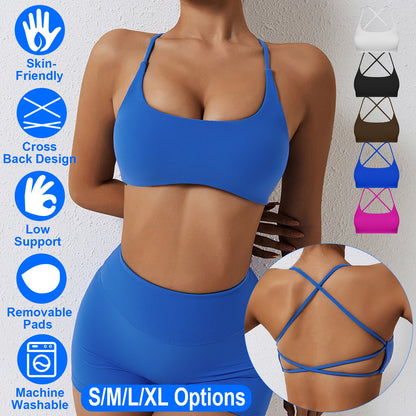 Women Cross Back Sport Bras Padded Strappy Crop Open Back Low Impact Bras Sexy Fitness Tank Tops with Removable Pads Thin Straps for Gym Yoga Workout