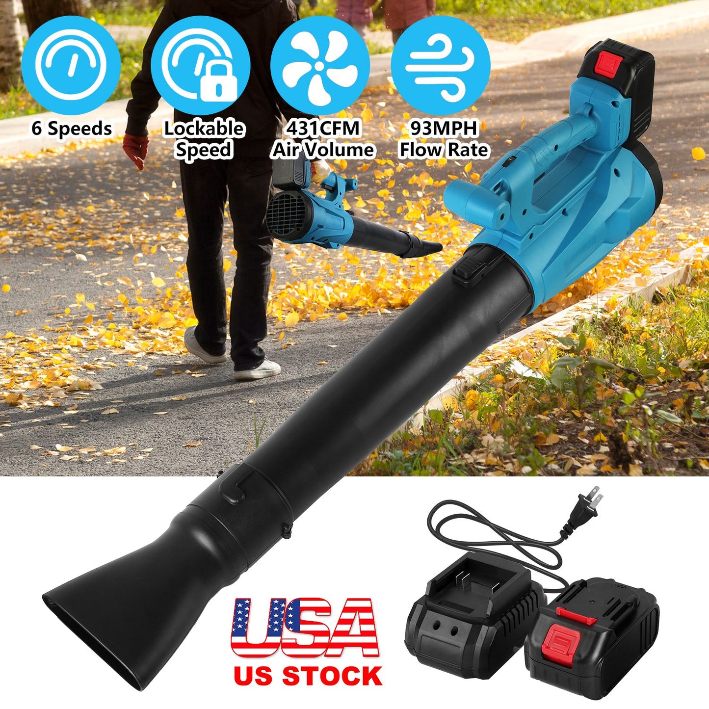 Cordless Leaf Blower 93MPH 431CFM with 2 Batteries