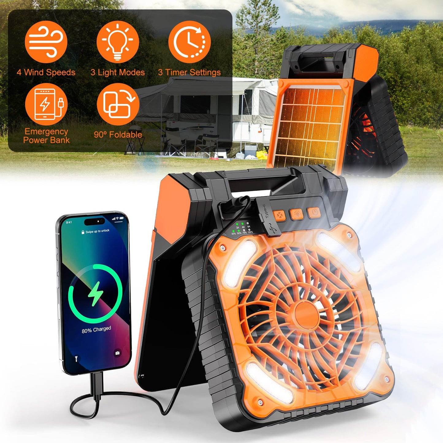 Solar Camping Fan with LED Lantern & 5200mAh Power Bank
