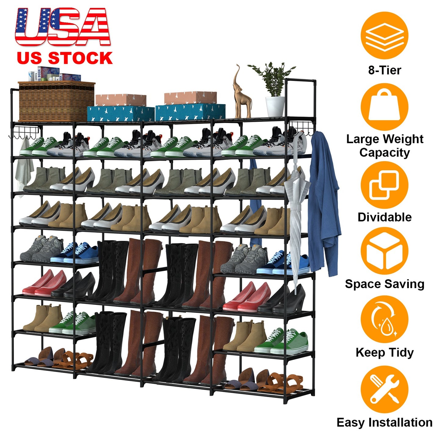 8-Tier Metal Shoe Rack - Holds 56 Pairs with Hooks