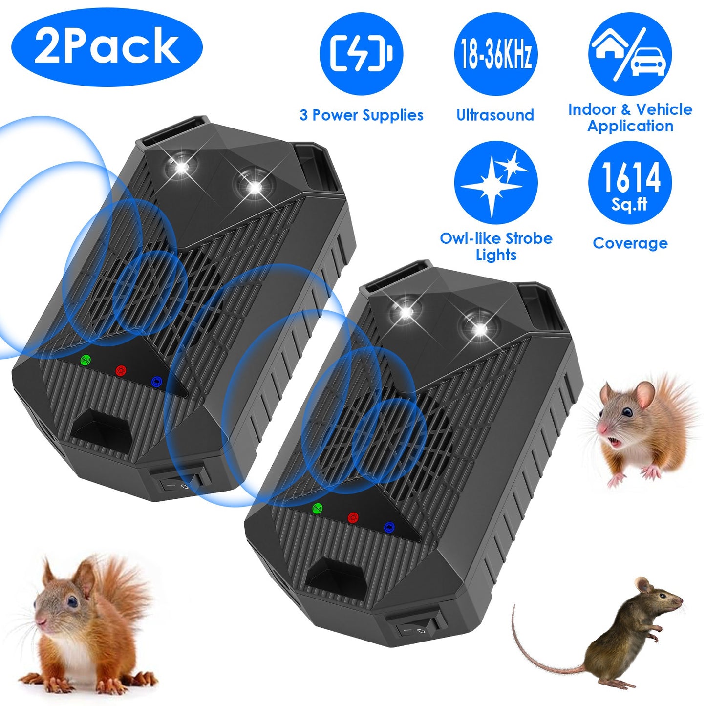 Ultrasonic Rodent Repeller 2-Pack for Vehicles with Strobe Light