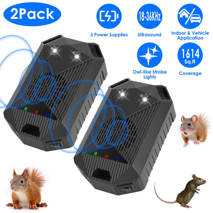Ultrasonic Rodent Repeller 2-Pack for Vehicles with Strobe Light