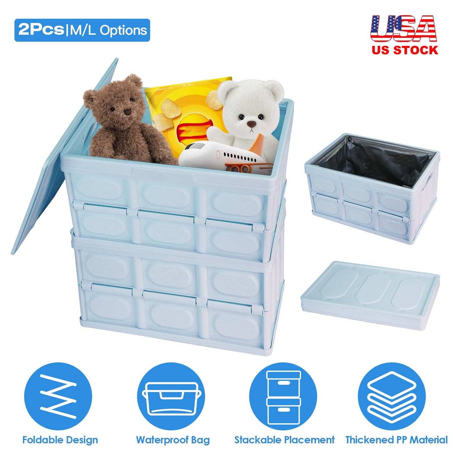 Collapsible Storage Bins with Lids - 2 Pack Stackable Organizer